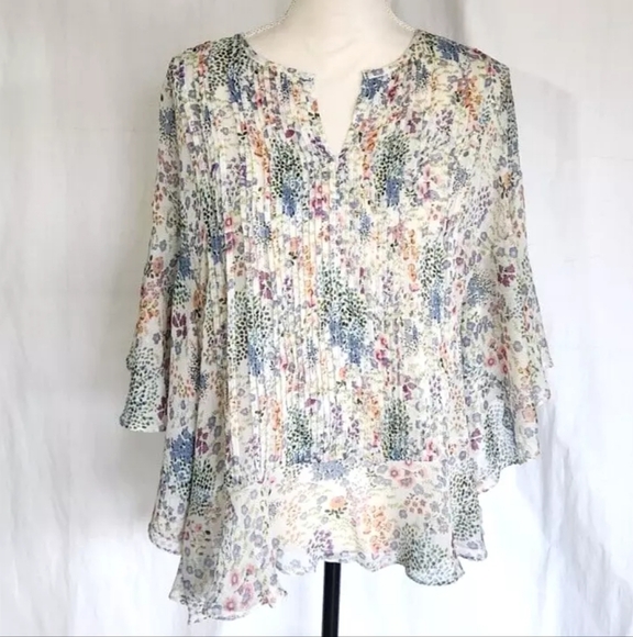 Sundance Tops - Sundance Colorful Floral Semi Sheer Flowy Shirt Top XS Short Sleeve